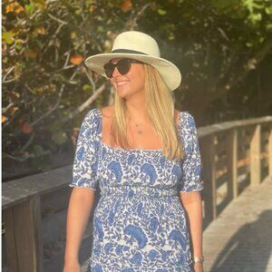 Gingy's Ivey Floral Smocked Top in Blue Lagoon White with Blue Floral Pattern